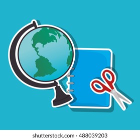 cartoon globe and scissors notebook school icon design