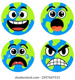 Cartoon globe smile happy, sad, angry, sorry, wow. Eco-friendly imagination.
