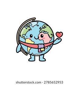 Cartoon globe with smiling face holding heart