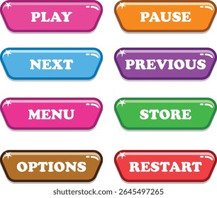 Cartoon glossy game buttons set with colorful styles and playful text. Includes 8 vector buttons of Play, Pause, Next, Previous, Menu, Store, Options, and Restart. Perfect for mobile and web games.