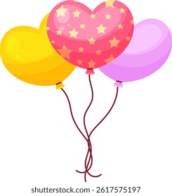 Cartoon glossy heart shaped balloon bunch, bouquet. Shiny air inflatable balloons with starry pattern. Decoration vector elements for party, birthday, celebration holiday