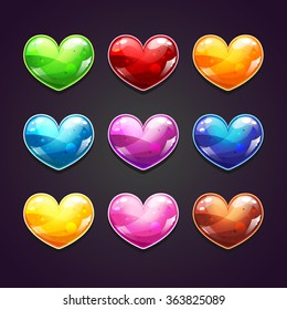 Cartoon glossy hearts set, vector shiny icons on dark background