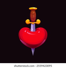 Cartoon glossy red heart pierced by a sword with a golden hilt symbolizing love, passion or conflict, heartbreak and sacrifice relationships. Vector romantic emotional Valentine day heart with dagger