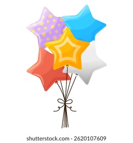 Cartoon glossy star balloon bouquet with bow. Colorful shiny helium inflatable baloons with different pattern. Decoration vector elements for party, birthday, circus, kids celebration holiday