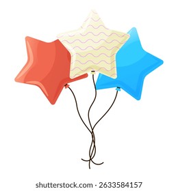 Cartoon glossy star shape balloon bunch, bouquet. Shiny air inflatable baloons with different pattern. Decoration vector elements for party, birthday, wedding, celebration holiday