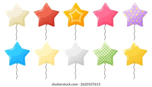 Cartoon glossy star shaped balloon on string, vector icon set. Shiny air inflatable baloons with different pattern. Decoration vector elements for party, birthday, wedding, celebration holiday