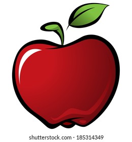 Cartoon glossy tasty and juicy red apple with leaf isolated in white background healthy concept