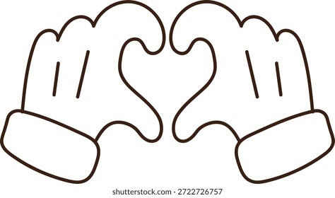As mãos das luvas de desenho animado tocam para formar uma forma de coração, delineada com detalhes de braçadeira e punho. Símbolo de amor, cuidado, gratidão, romance e apoio. Ilustração de vetor de desenhos animados.