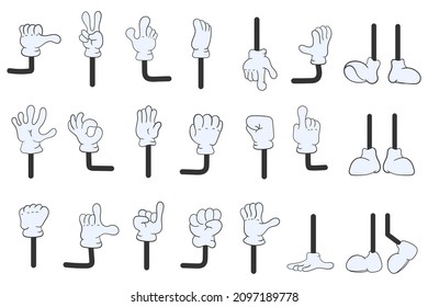 Cartoon-Handschuharm auf weißem Hintergrund im handgezeichnet Stil. Comic Hände in Handschuhen, Retro-Doodle Arme mit verschiedenen Gesten Symbole gesetzt. Gesture Hand Fingeranzahl, Daumengesten. Vektorgrafik.