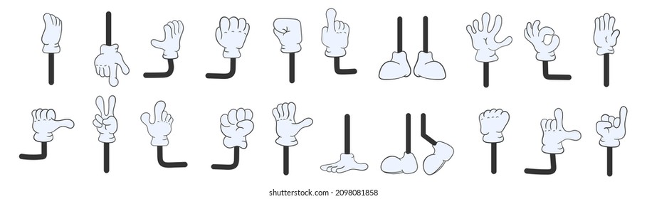 Cartoon gloved arm on white background in hand drawn style. Comic hands in gloves, retro doodle arms with different gestures icons set. Gesture hand finger count, thumb gesturing. Vector illustration.