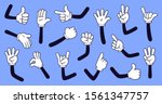 Cartoon gloved arms. Comic hands in gloves, retro doodle arms with different gestures vector isolated illustration icons set. Showing numbers, pointing with finger. Rock sign, thumb up, high five