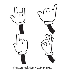 Cartoon gloved arms. Comic hands in gloves, retro doodle arms with different gestures vector isolated illustration icon set. 