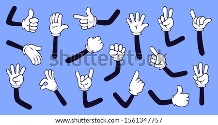 Cartoon gloved arms. Comic hands in gloves, retro doodle arms with different gestures vector isolated illustration icons set. Showing numbers, pointing with finger. Rock sign, thumb up, high five