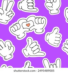 Motif harmonieux d'armes gaillées de dessin animé. Des mains comiques dans des gants, des bras rétro avec différents gestes pour l'impression,