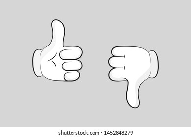 Cartoon gloved arms. Thumbs up and thumbs down. Like or dislike. Vector illustration line icon.