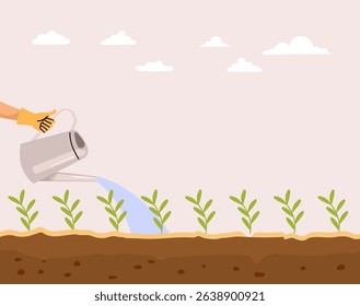 Cartoon of a gloved hand arm watering green grass. Drawing concept for gardening care and environmental wellness