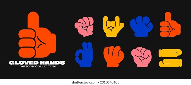 Cartoon gloved hand drawn abstract comic. Set of hand signs and symbols. Stickers in retro style. Vector illustration	