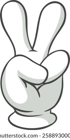 Cartoon gloved hand gesturing peace sign, symbolizing victory, agreement or counting, with two fingers raised and others folded, conveying positive message of harmony or achievement