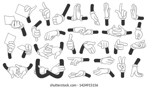 Cartoon gloved hands showing different symbols vector illustration objects set isolated on a white background