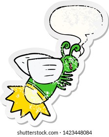 cartoon glow bug with speech bubble distressed distressed old sticker