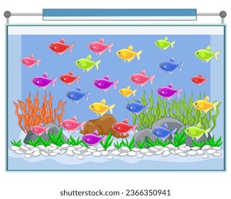 Cartoon glow fish swimming in aquarium