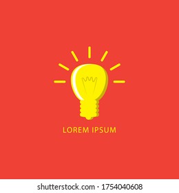 Cartoon glowing yellow light bulb vector illustration isolated on red orange color background. Idea, Ceative, Thinking, Inspiration logo design template.