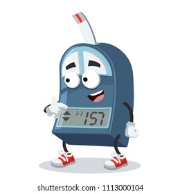cartoon glucometer mascot showing himself on a white background