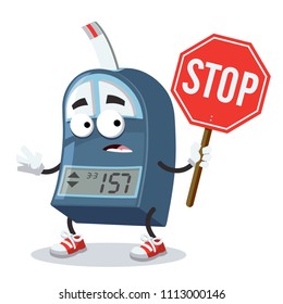 cartoon glucometer mascot with tablet stop in hand on white background