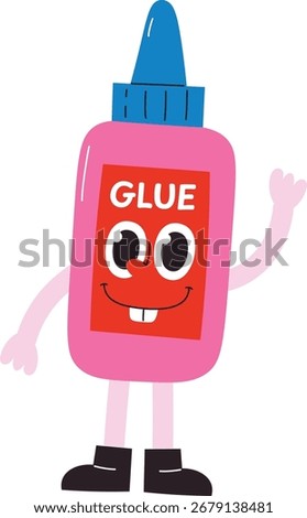 A cartoon glue bottle with a face and limbs in a playful style. The adhesive container character waves cheerfully with a friendly expression. Cartoon vector illustration.