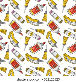 Cartoon glue seamless pattern. Vector background with glue tubes, bottles and sticks isolated on white.