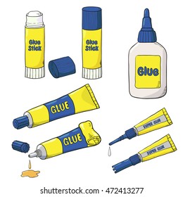 Cartoon Glue set. Vector collection of glue tubes, bottle and stick isolated on white