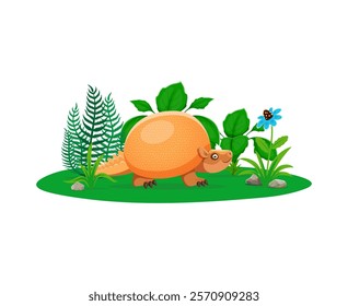 Cartoon Glyptodon dinosaur childish character. Prehistoric lizard cheerful vector personage, paleontology dinosaur or Jurassic era reptile cute mascot. Extinct Glyptodon animal character on meadow