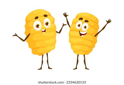 Cartoon gnocchi Italian pasta cute characters. Noodle dish comical personages, Italian cuisine restaurant tasty meal or gnocchi pasta isolated vector cheerful, happy smiling mascots