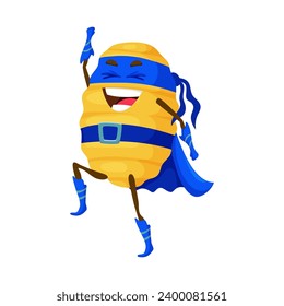 Cartoon gnocchi italian pasta food superhero character. Isolated vector quirky, noodle-themed hero with pasta-themed super powers, fighting against hunger and saving the world with a sprinkle of charm