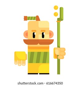 Cartoon gnome with a bald head and a braid on top of the head. Fairy tale, fantastic, magical colorful character