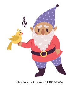Cartoon gnome with a bird vector icon. Hand drawn illustration isolated on white backdrop. A cute old dwarf listens to a garden canary sing. Gray-haired fairy tale character, color flat concept