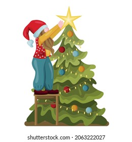 A cartoon gnome in a bright colorful costume decorates the Christmas tree. Illustration for a New Year or Christmas card. Vector.