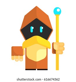 Cartoon gnome in a cape with glowing eyes holding staff in his hands. Fairy tale, fantastic, magical colorful character