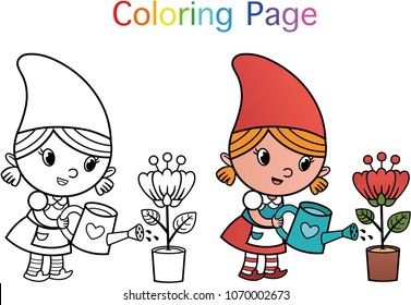 Cartoon Gnome Character For Coloring Page Activity. (Vector illustration)