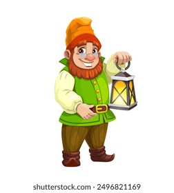 Cartoon gnome character with lantern. Isolated vector dwarf in colorful attire, holding glowing garden lamp that illuminates his mischievous smile. Bearded elf magical personage in the enchanted world