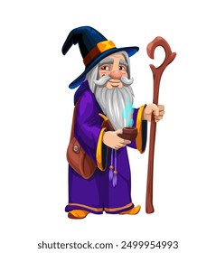 Cartoon gnome druid wizard character. Isolated vector whimsical dwarf astrologer personage with a beard, pointed hat, robe, smoking pipe and wooden staff, casting magical spells and fairytale wonders