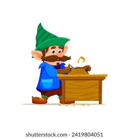 Cartoon Gnome oder Zwergschmiede Charakter glücklich weißes Holz. Vektorfigur mit einem Jolly-Gesicht und spitzen Hut, die aufwändige und liebevolle Holzkreationen in der Tischlerei kreiert