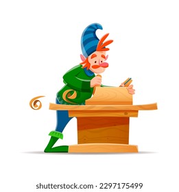 Cartoon gnome dwarf carpenter or jointer character, vector funny elf worker. Fairy tale village dwarf carpenter or fantasy town gnome woodworker character with plane and wood, kids cartoon toy