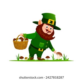 Cartoon gnome or dwarf character happily picks mushrooms. Isolated cheerful vector personage in pointy hat mushrooming in the enchanting forest, surrounded by the magical allure of nature bounty