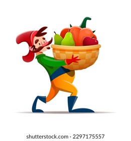 Caricatura gnome personaje enano con cesta de cosecha, hombre agricultor vector. Cuento de hadas enano de pueblo o personaje de granjero de fantasía del gnomo forestal lleva canasta de frutas y verduras de cosecha, juguete de dibujos animados para niños