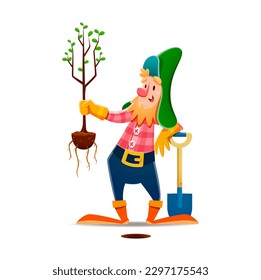 Cartoon gnome or dwarf character planting a seedling. Garden gnome, fantasy midget or fairy elf isolated vector cute personage. Fairytale dwarf farmer happy character with shovel, planting garden tree