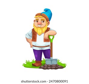 Cartoon gnome dwarf character plants a garden. Isolated vector elf personage stands with a shovel planted in rich soil, wearing a bright blue hat and purple pants, ready for a day of joyful gardening