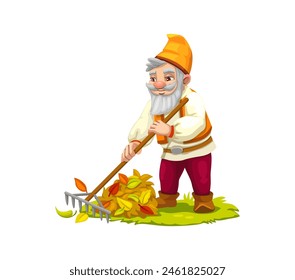 Cartoon gnome dwarf character sweeps leaves. Isolated vector amiable, funny garden gnome or elf personage in a bright orange hat, rakes fallen autumn foliage, with a warm smile that reflects the joy