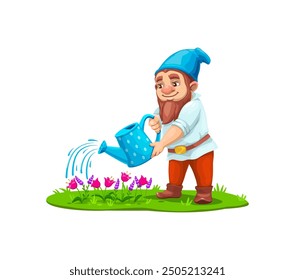 Cartoon Zwerg Zwerg Charakter Gießen Blumen im Garten, Vektor Märchen Persönlichkeit. Spiele Gnome Mann Gärtner oder kleine Zwerg Bauer Charakter Tränken Blumen auf Wiese des Märchen Dorf für Kinder Spiel