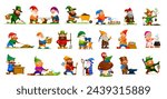 Cartoon gnome or dwarf characters. Cute elves personages with vector garden flowers, mushroom, wheelbarrow and lantern. Fairytale gnome miner, farmer and blacksmith, dwarf wizard, hunter or lumberjack